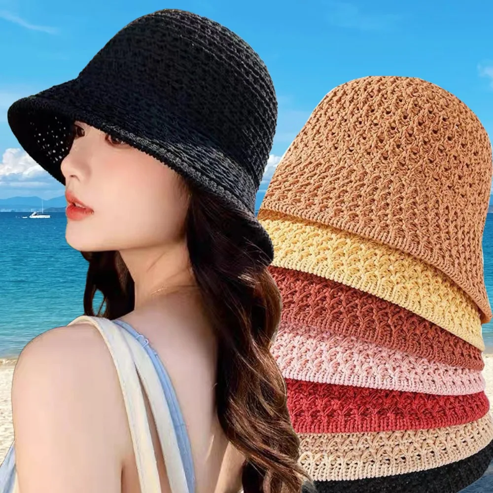 Hollow Knitted Fisherman Hat Women Summer Breathable Handmade Out Knit Dome Wide Brim Foldable Beach Caps Girls Outdoor Sun Hat