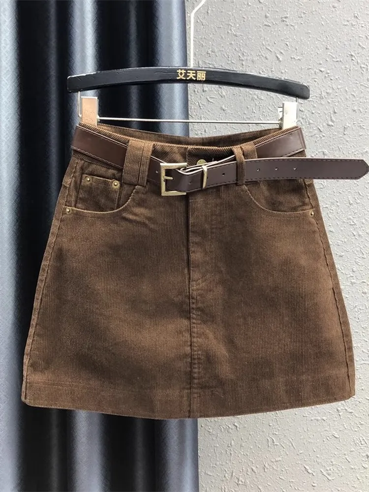 High Waist Slimming A-Line  Skirt in  Corduroy for Women European Style Resistant to Deformation with 