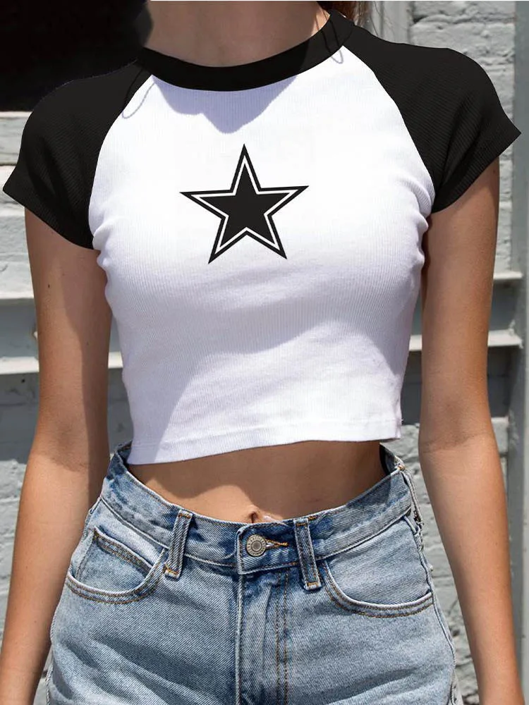 Female Y2K Clothes Star Tops Women Tshirt Harajuku Retro Fashion Gothic Short Sleeve Crop Sexy Tops Aesthetics Tops Short Navel