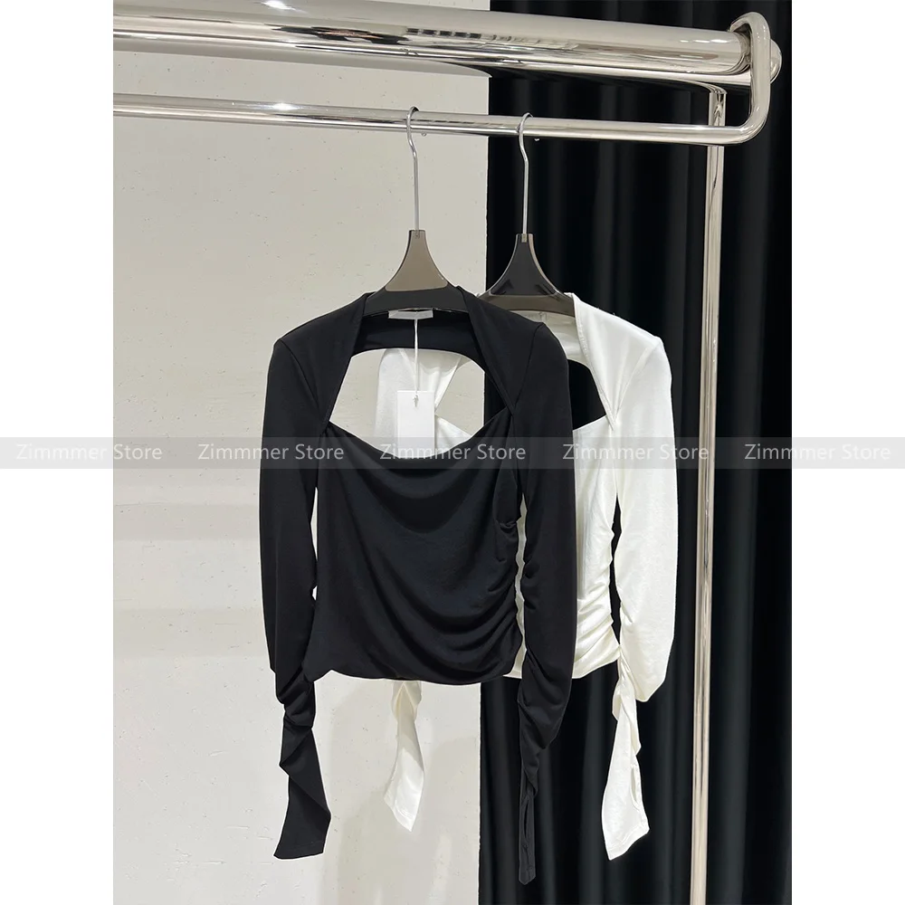 

Black square neck long-sleeved t-shirt female spring new Slim thin inside bottoming shirt short models spicy girl tops