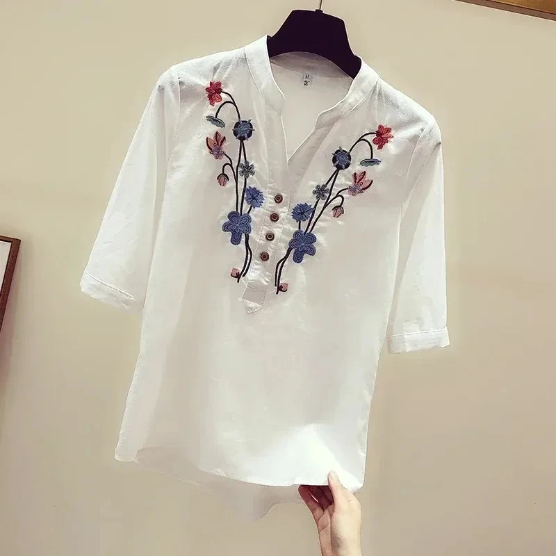 Summer Elegant Embroidery Cotton Blouses Loose White Casual Women Tops and Blouses V-Neck Shirts for Women New Clothes 3140 50