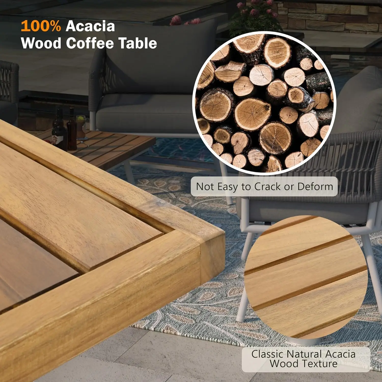 Juego de muebles de exterior de 4 piezas con mesa de madera de Acacia, silla de fama de Metal y juego de mesa con asientos profundos