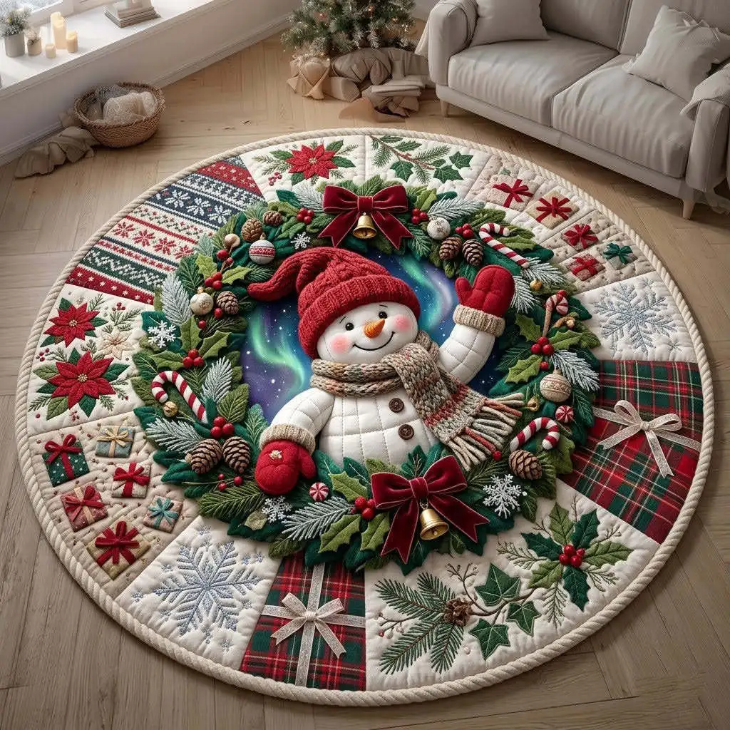 VIKAMA Quilted Patchwork Snowman Wreath Round Rug Northern Lights Plaid Bell Candy Cane Plush Non Slip Soft Rug for Living Room