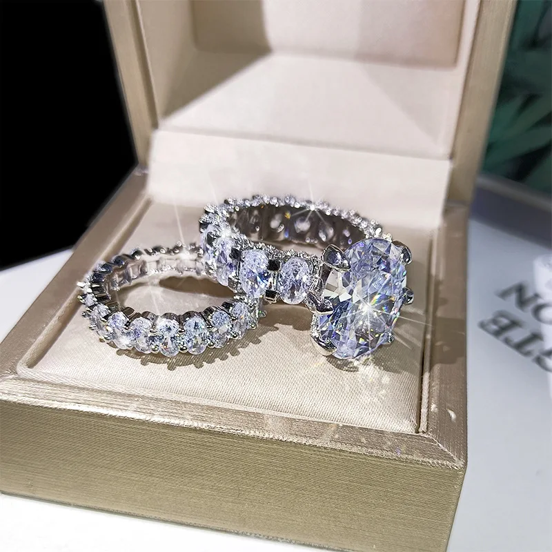 925 Sterling Silver Exquisite High-End Jewelry Dazzling Luxury Fashion Oval Egg Shaped Full Diamond Women'S Ring Two-Piece Set