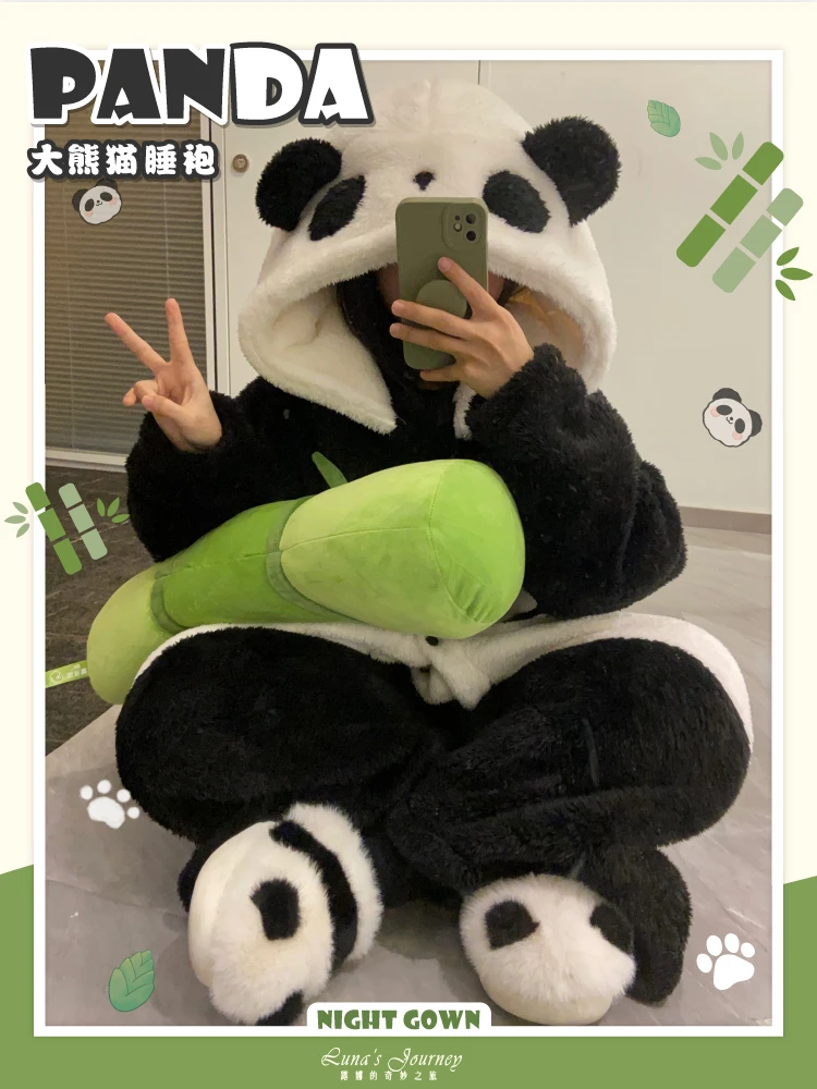 Women’s Pajamas Cartoon Panda Onesies Warm Soft LooseRobes Nightgown Kawaii Animal Cosplay Suit Winter Flannel Homewear Women Cl