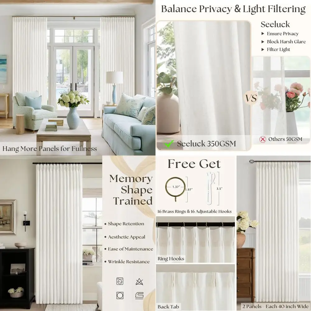 

Natural Flax Linen Textured Semi-Sheer Pinch Pleat Curtains, 105 Length, Light Filtering, 2 Panels for Living Room and Bedroom