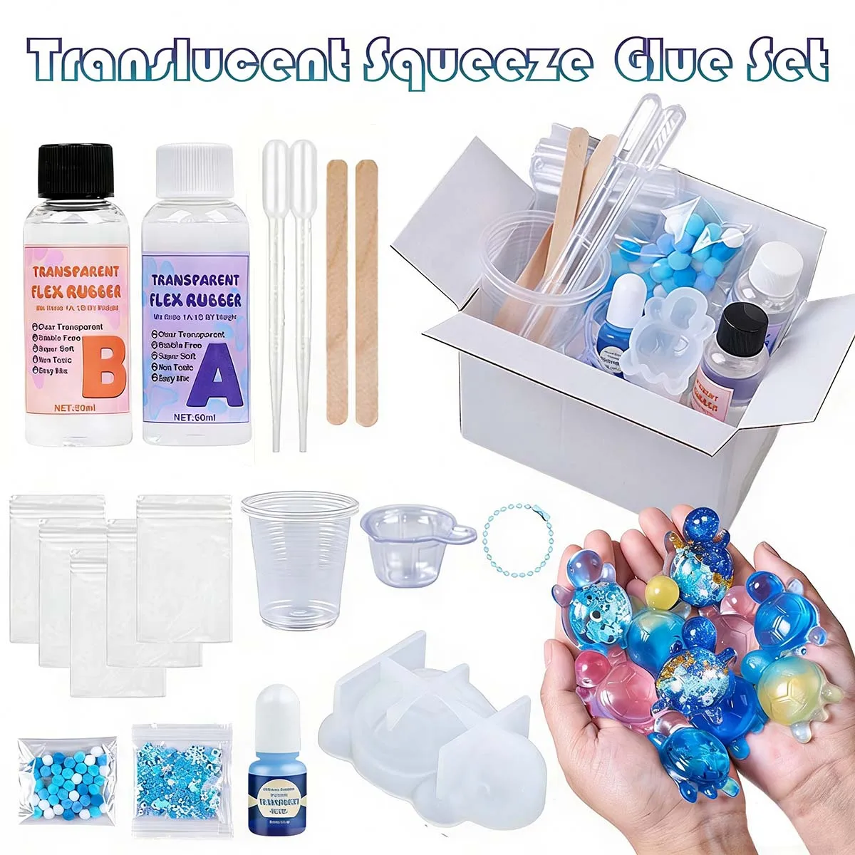 Kit DIY de Brinquedos Squishy Tartaruga Taba, Cola Translúcida para Amassar 50ml, Ferramentas para Fazer Brinquedos Sensoriais Fidget de Animais 3D, Silicone Macio para Apertar