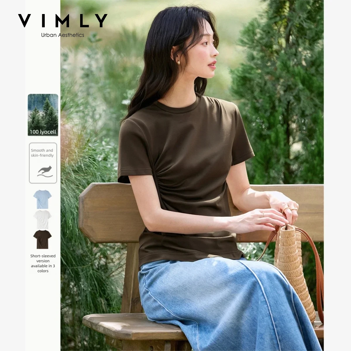 T-shirt Femme VIMLY Été 2026 – Col Rond Minimaliste, Manches Courtes, Tendance Décontractée, Élégant, Froncé, Coupe Ajustée, Modèle A0558