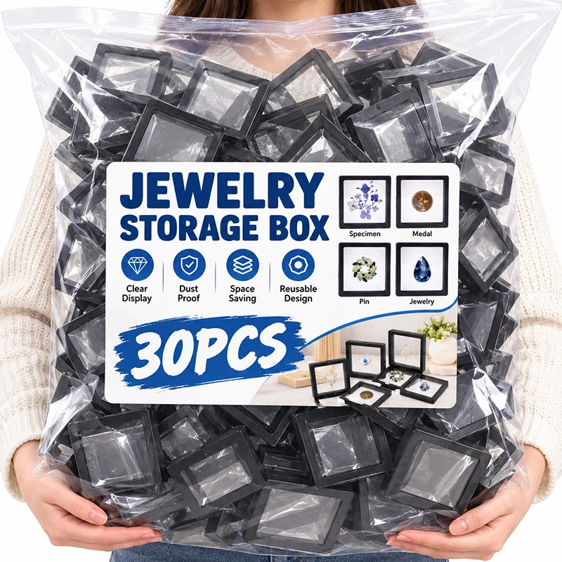 30/1PCS PE Film Jewelry Storage Box 3D Packaging Case Gemstone Free Stand Floating Frame Membrane Ring Earring Necklace Display