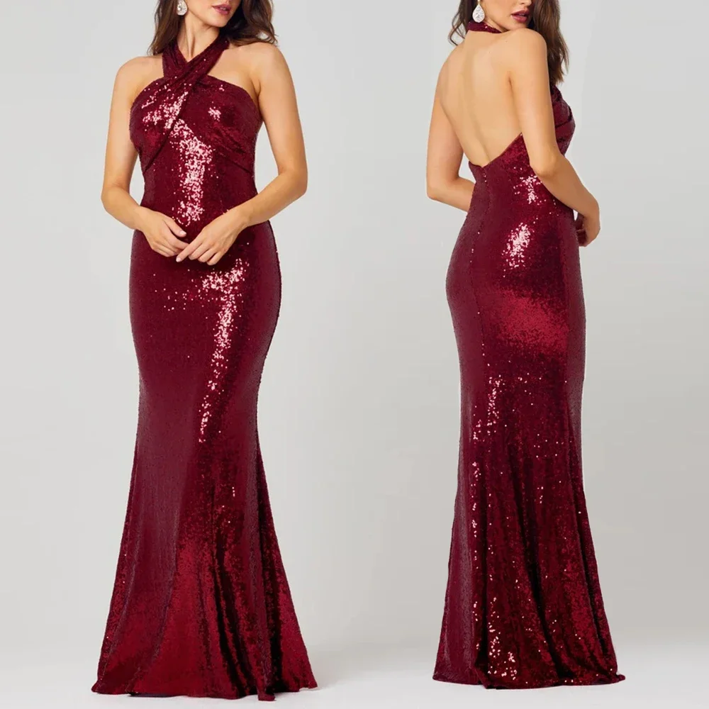 Vestidos de fiesta con purpurina personalizados, vestido de noche Formal de sirena largo sin mangas con cuello Halter, vestido de fiesta con lentejuelas hasta el suelo sin espalda Sexy