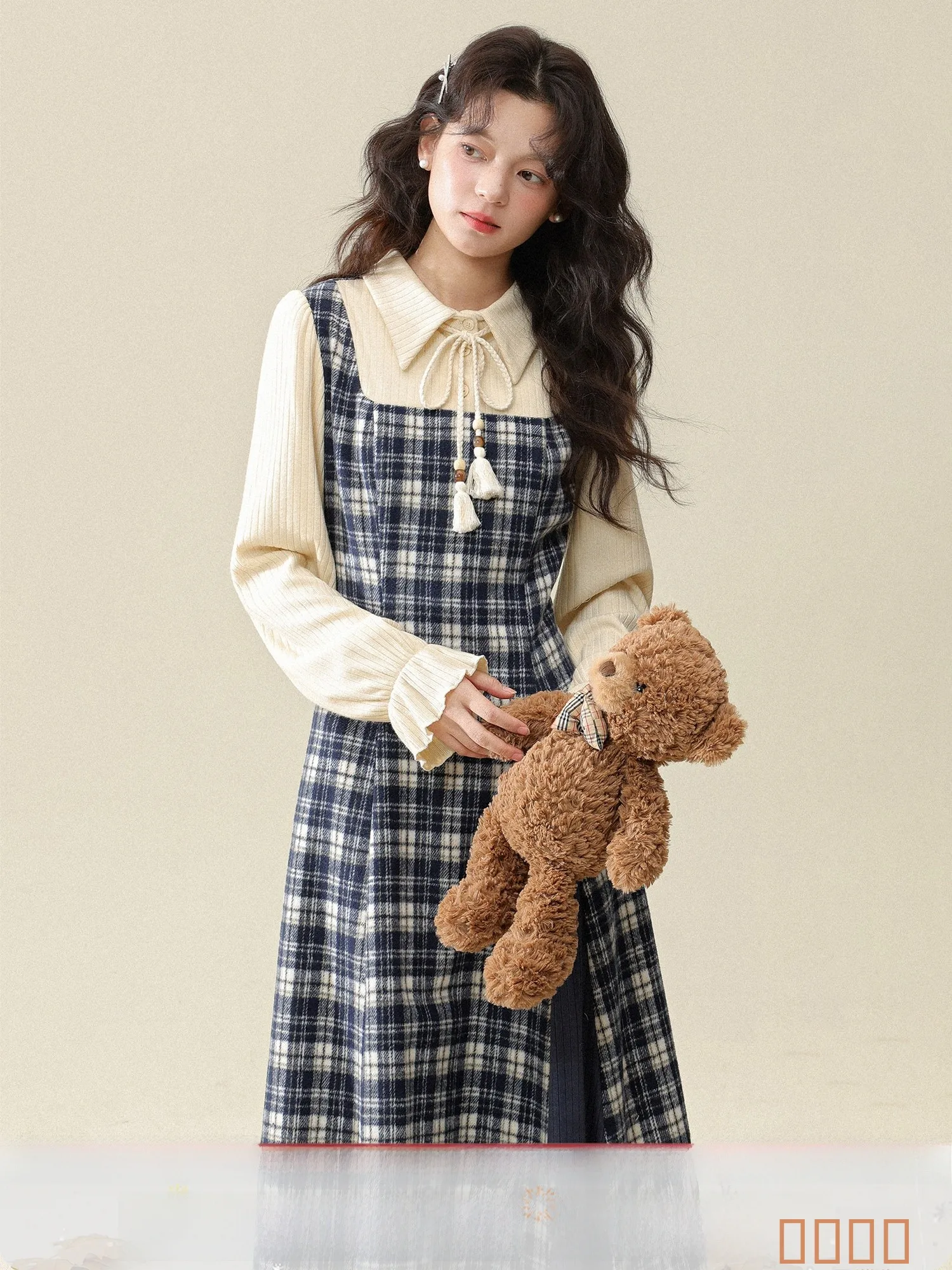 

Осенняя юбка-миди в клетку «Голубая звезда» в винтажном стиле, женская, для колледжа, длинная, французский стиль, с высокой талией, из полиэстера