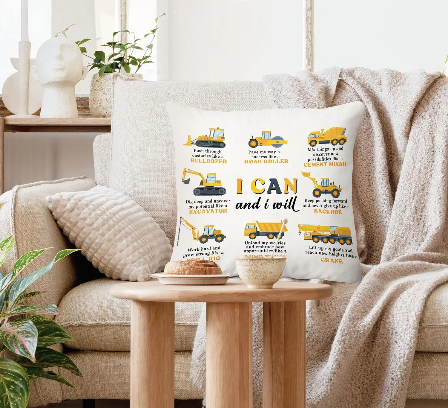 Motivational Construction Vehicle Pillowcase I Can and I Will Throw Cushion Cover for Kids Boy Gift 45x45cm Nursery Decor