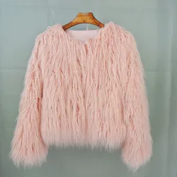 Abrigo de piel sintética para mujer, chaqueta de piel sintética de oveja peluda, rosa, colorida, invierno, nuevo