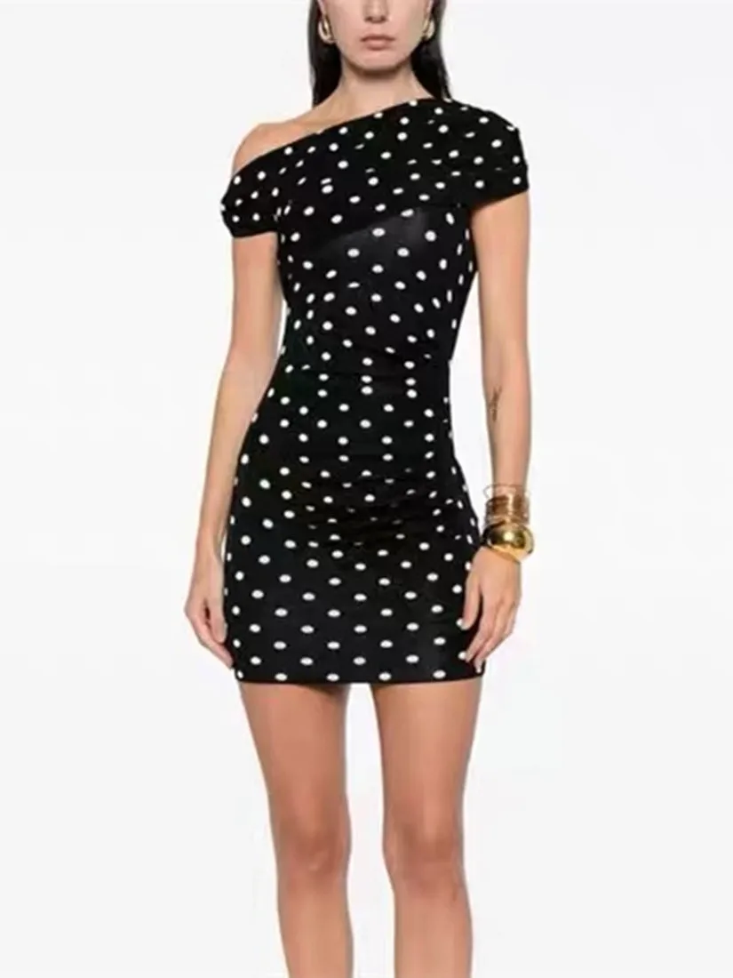 

Вязаное платье с асимметричным вырезом на одно плечо, в горошек, облегающее, удобное, с завышенной талией, для повседневной носки