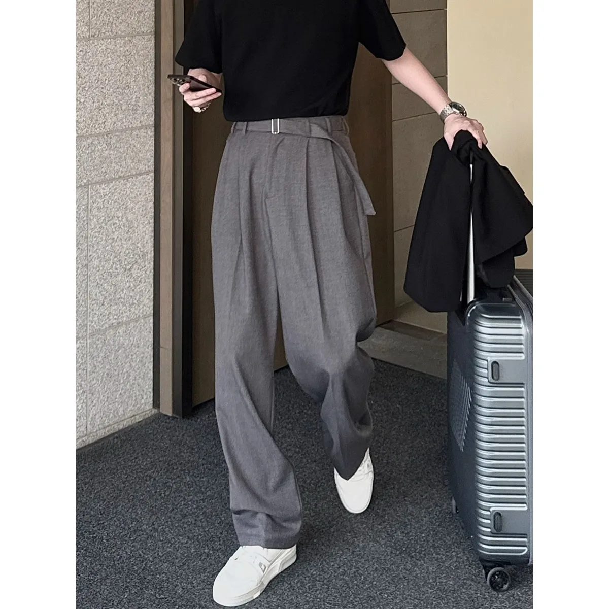 Men's Korean Streetwear Fashion Loose Vintage Waistband Casual Straight Suit Pants Commuting Long Trousers for MenYY198