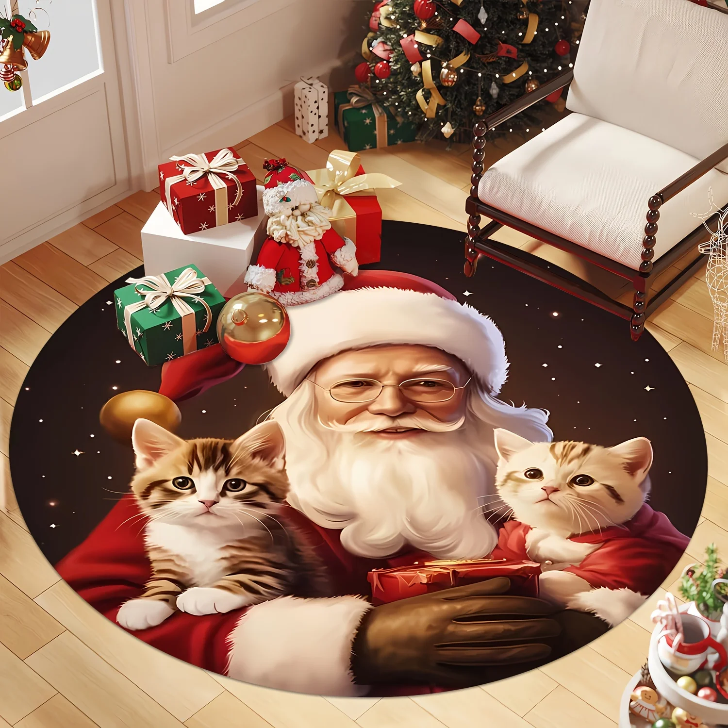 1pc 2D Flat Santa & Cat Xmas Round Rug, Soft Water-Absorbent Mat for Entryway, Game Room, Living Room, Study & Bedroom