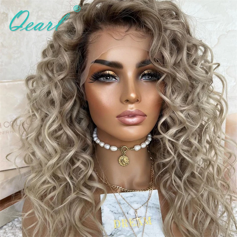 

Natural Human Hair Wigs 13x6 Loose Curly HD Lace Front Wigs Free Parting Ombre Ash Blonde Brown Highlights Pre Plucked Qearl