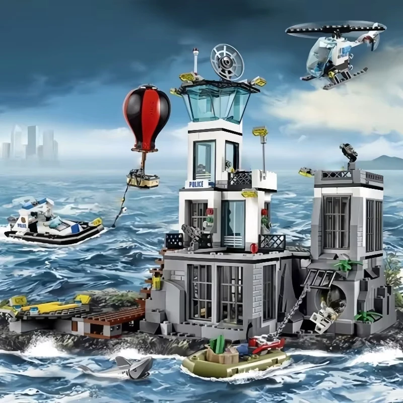 

MOC полицейская серия, морской тюремный остров, самолет, каяк, полицейский участок, строительные блоки, развивающие детские модели, игрушки