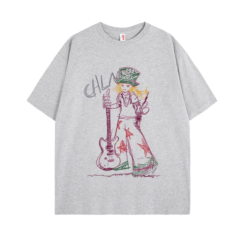 American Unique Hand Drawn Cartoon Print Women Oversized T-shirt Retro Chinese Trend Summer Casual Streetwear Short Sleeve Tops