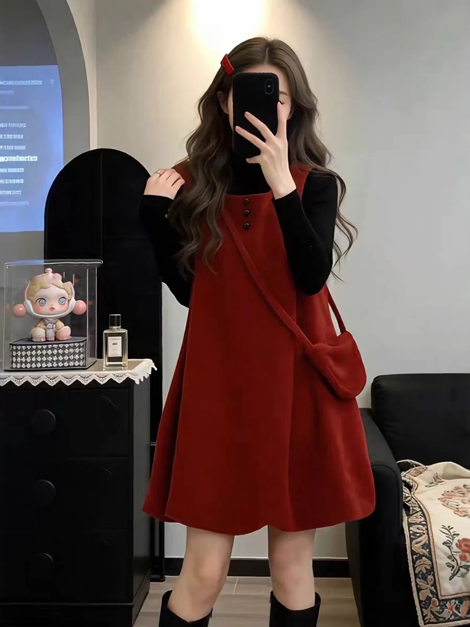 

Red Vest Dress Women's Spring New Vintage Style Long Sleeve Inner Wear Base Shirt Two-Piece Set Warm Casual Loose Fit Fashion