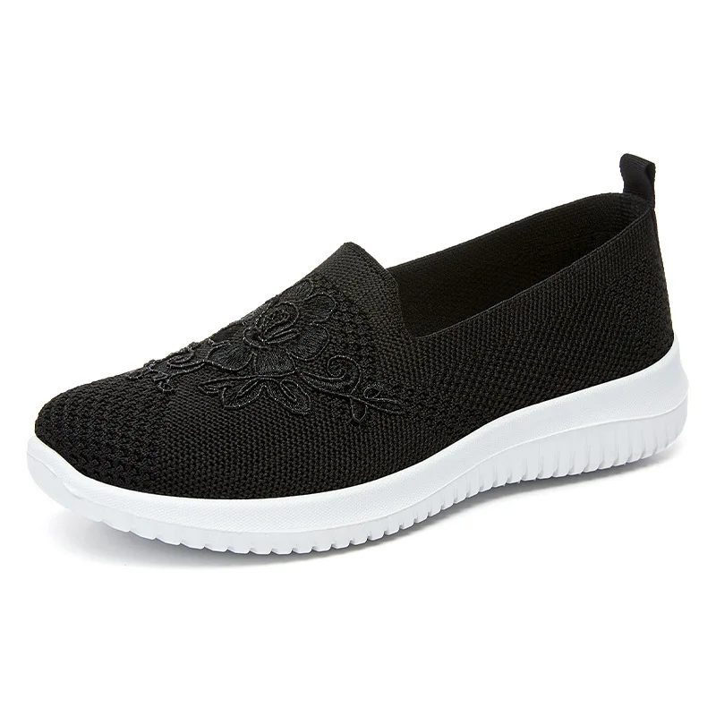 Flower Embroidery Knit Mesh Slip On Shoes Women Breathable Non Slip Soft Sole Daily Comfort Walking Casual Sneakers view 6