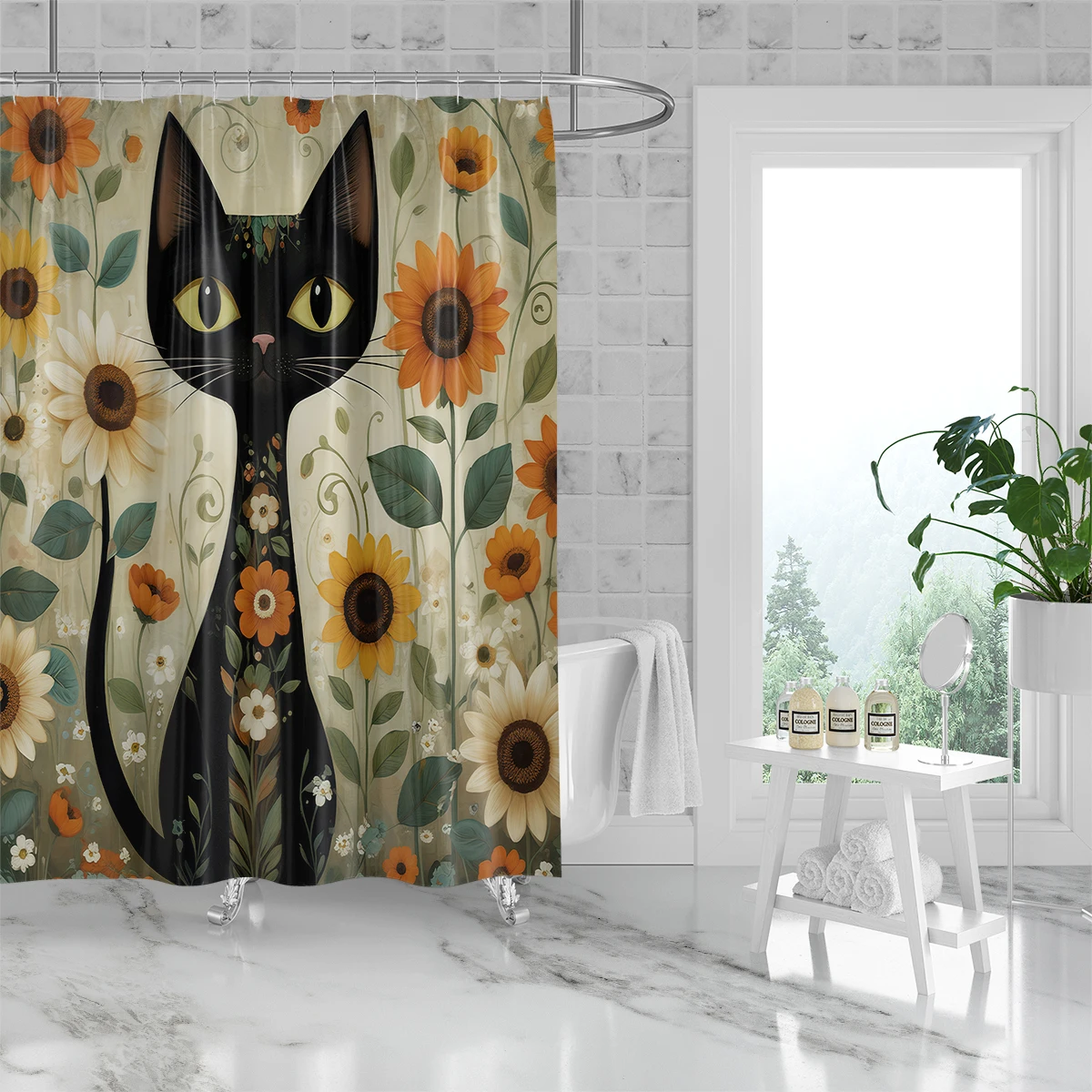 1PC watercolor cats and sunflowers printed shower curtain, waterproof, washable, with 12 hooks, bathroom shower, home use