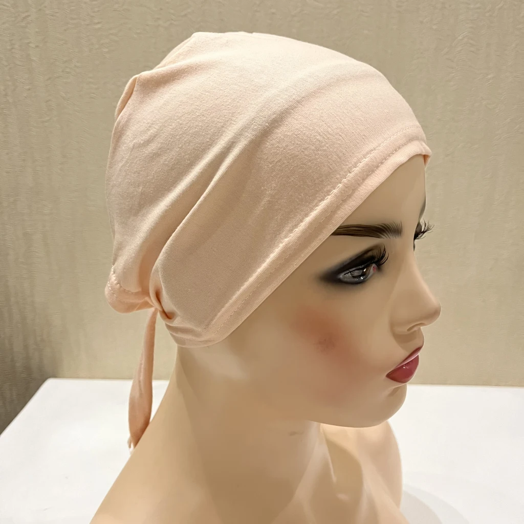 H048 Plain Cotton Tie Back Hats Muslim Turban Pure Color Stretch Inner Hijabs Underscarf Women Head Scarf Under Hijab Bonnet