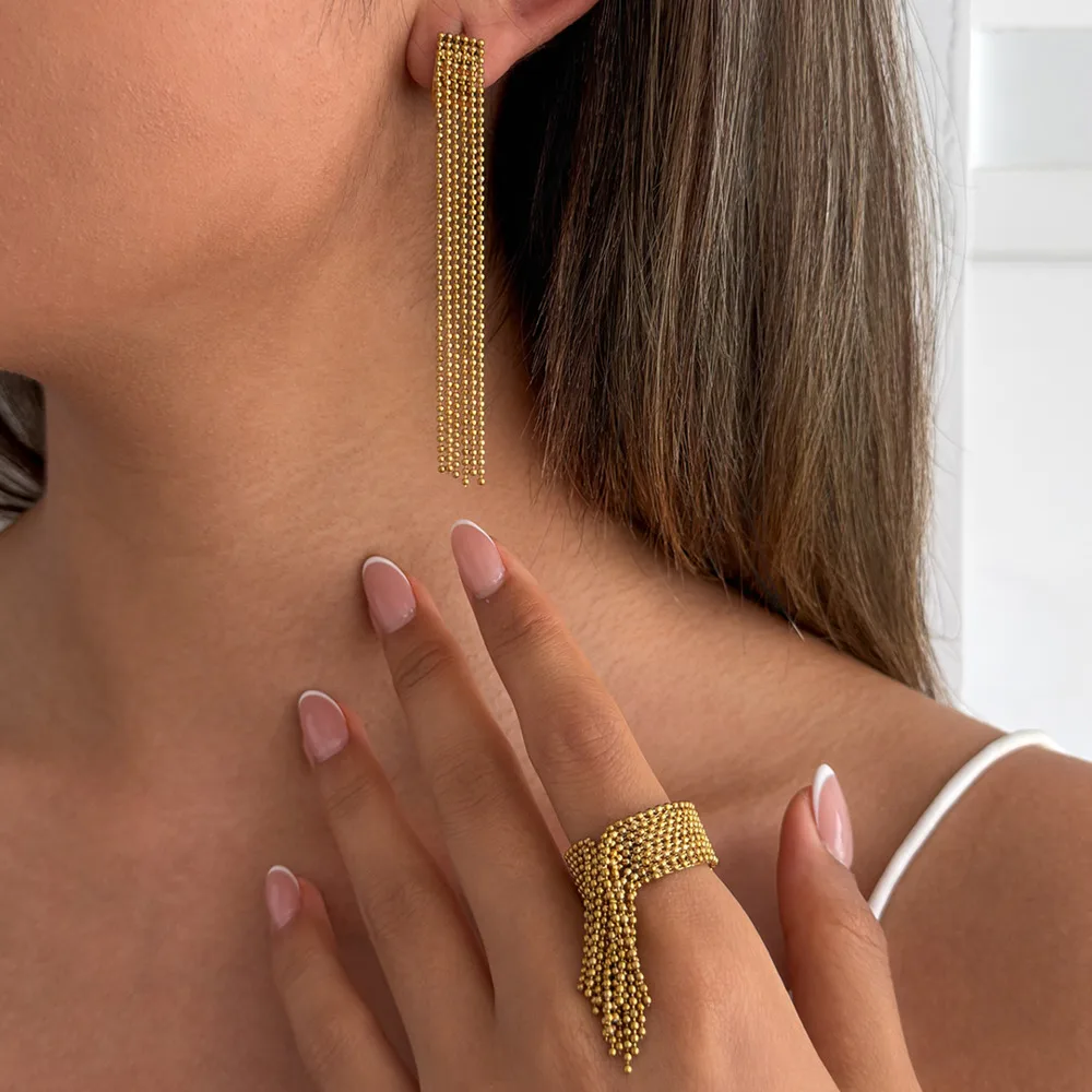 

PuRui Unique Stainless Steel Bead Tassel Drop Earrings Rings Set Women Personalized 18K Gold Plated Waterproof Jewelry Set