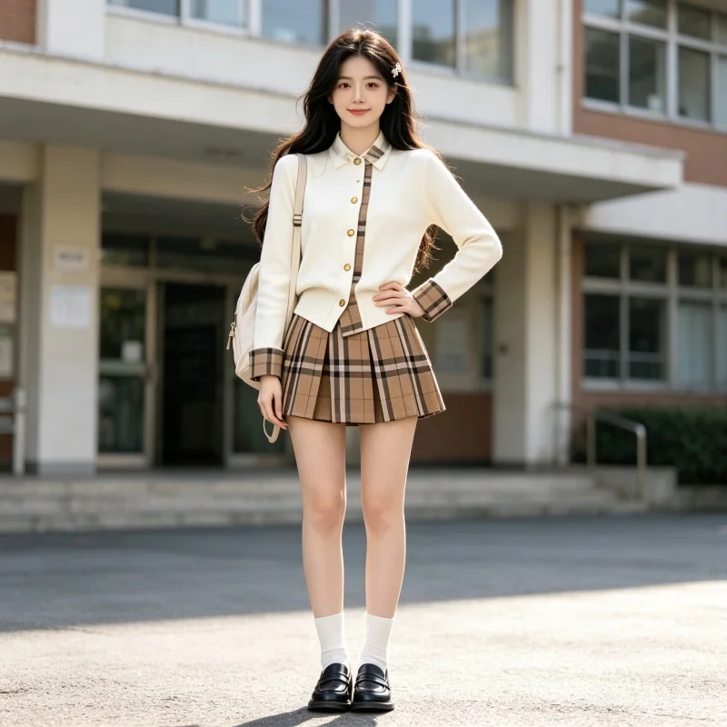 Early Autumn Korean Style College Wind Splicing Fake Two-Piece Knitted Cardigan Women's Autumn Winter Design Sweater Jacket Top
