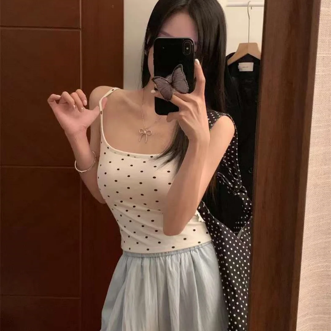 Sweet Spicy Sexy Polka Dot Straps Vest Women Summer Sleeve Outdoor Thermal Style Beach Bare Beautiful Back Top Women's Fashion