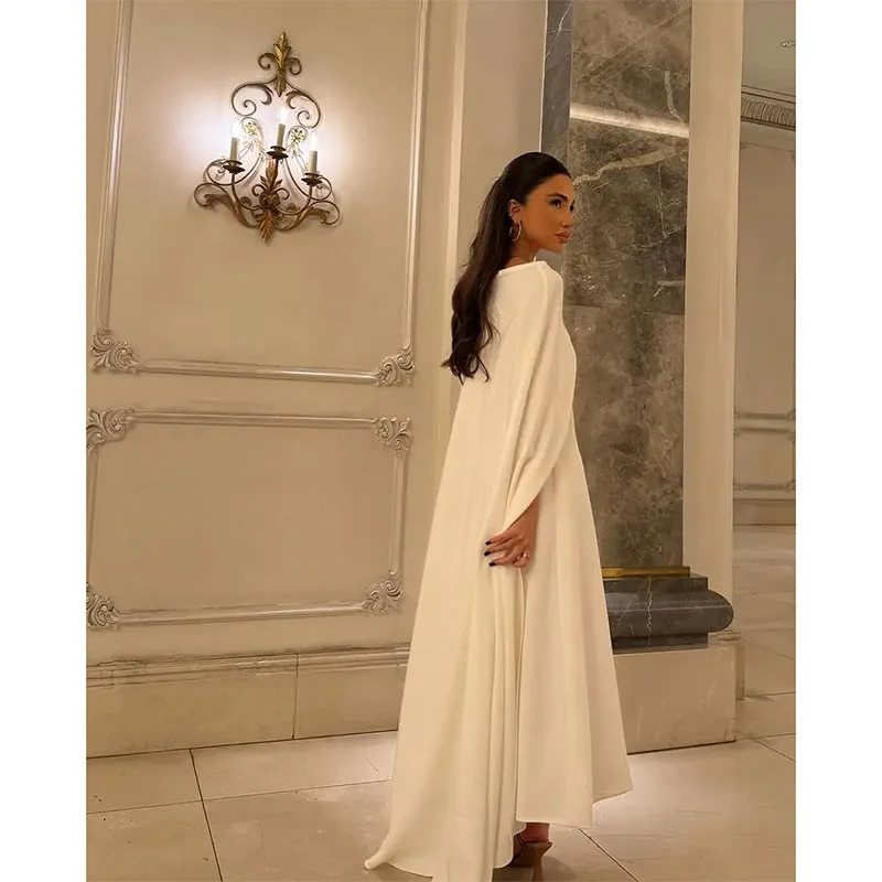 Elegant White Chiffon Prom Dresses Mermaid Cape Sleeves Ankle Length Evening Dresses Saudi Arabia Women Club Party Dress