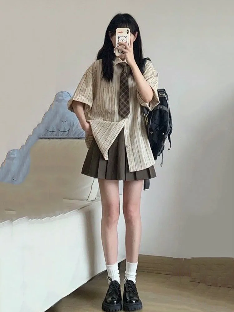 

Комплекты рубашек женский дизайн простой полосатый консервативный стиль ретро стильные юбки плиссированные летние мини Ulzzang базовые повседневные студенческие Ins
