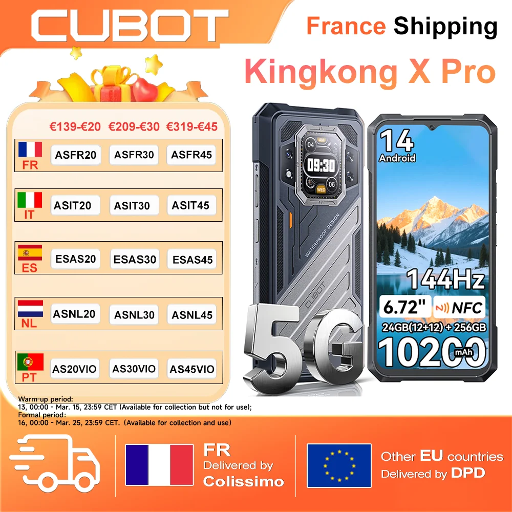 Smartphone robuste CUBOT KINGKONG X Pro 24 Go (12+12) 256 Go Android 14 10200 mAh 5G Dimensity 8200 4 nm 3,1 GHz Écran 6,72 pouces 144 Hz NFC