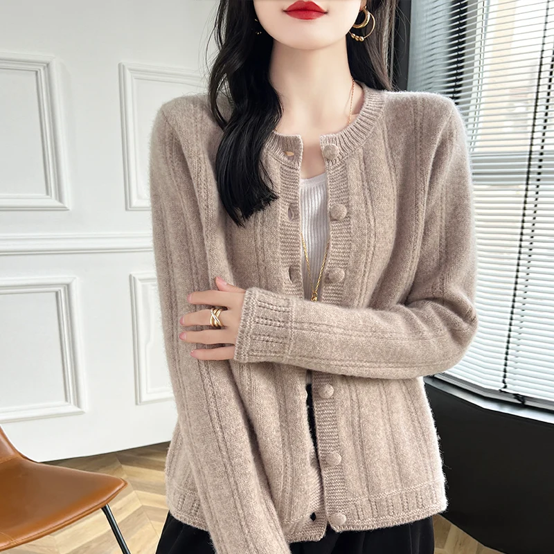 Spring Autumn New Women\'s Clothing 100% Pure Wool Round Neck Knitted Cardigan Fashion Loose Tops Korean Coat Shirt Long Sleeve