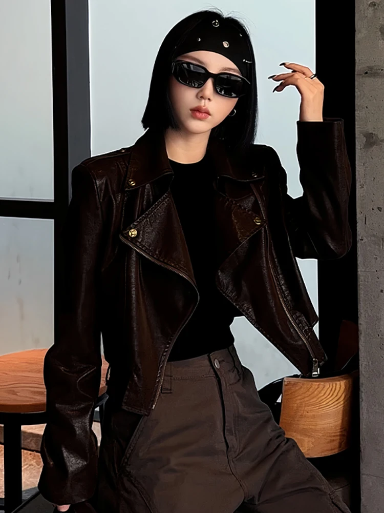 Jaqueta de Couro Feminina Elegante e Versátil, Estilo Francês, Caimento Solto, Nova Chegada de Outono, Top Feminino