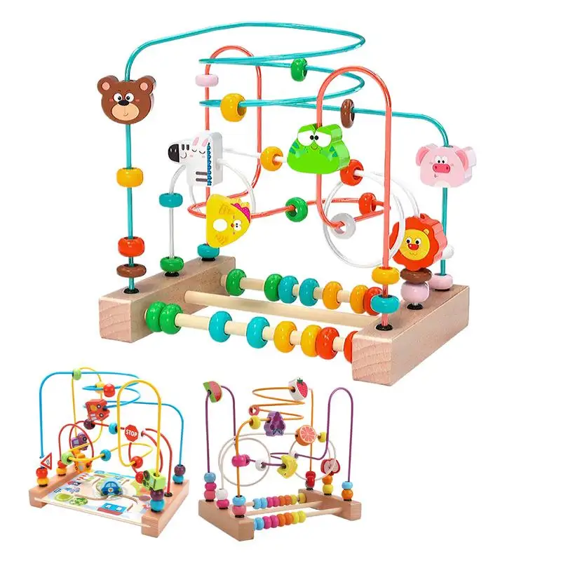 Bead Maze Toy Cute Cartoon Wooden Montessori Maze Circles Around Beads Abacus Math Toys Shape Color Cognition Kids Wooden Toys