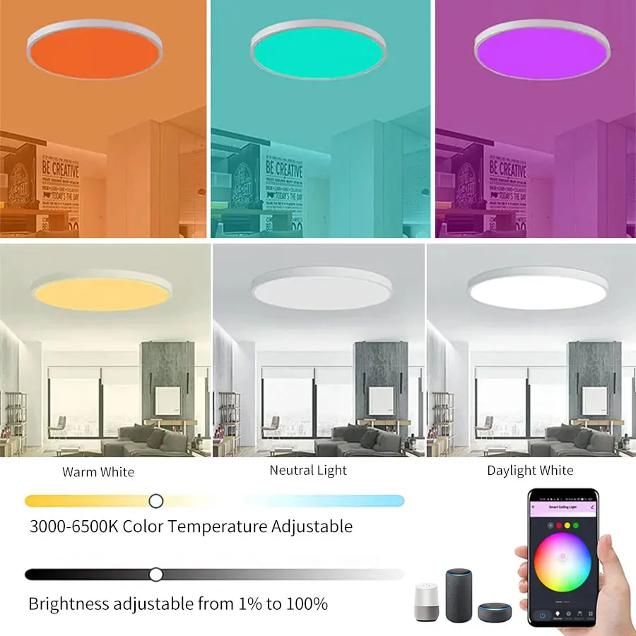 Tuya Wifi Led Ceiling Light 220V with RF 2.4G Remote Group Control Alexa Google Smart Life RGB White Flush Mount Light Fixture