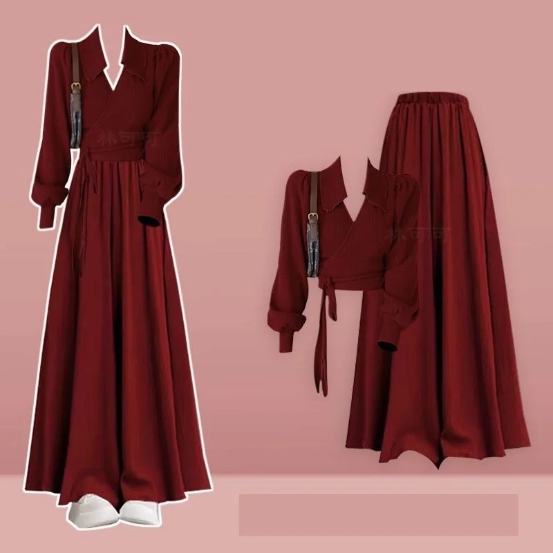 Female 2026 Autumn/Winter New Fashion Short Knit Sweater+Casual Skirt Pants Two-Piece Suit Korean Elegant Tracksuit Matching Set