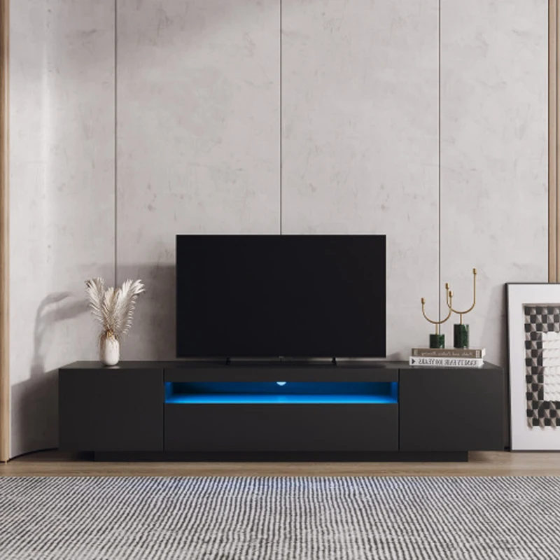 TV Cabinet Wholesale, Black TV Stand with Lights, Modern LED TV Cabinet with Storage Drawers, Living Room Entertainment Center