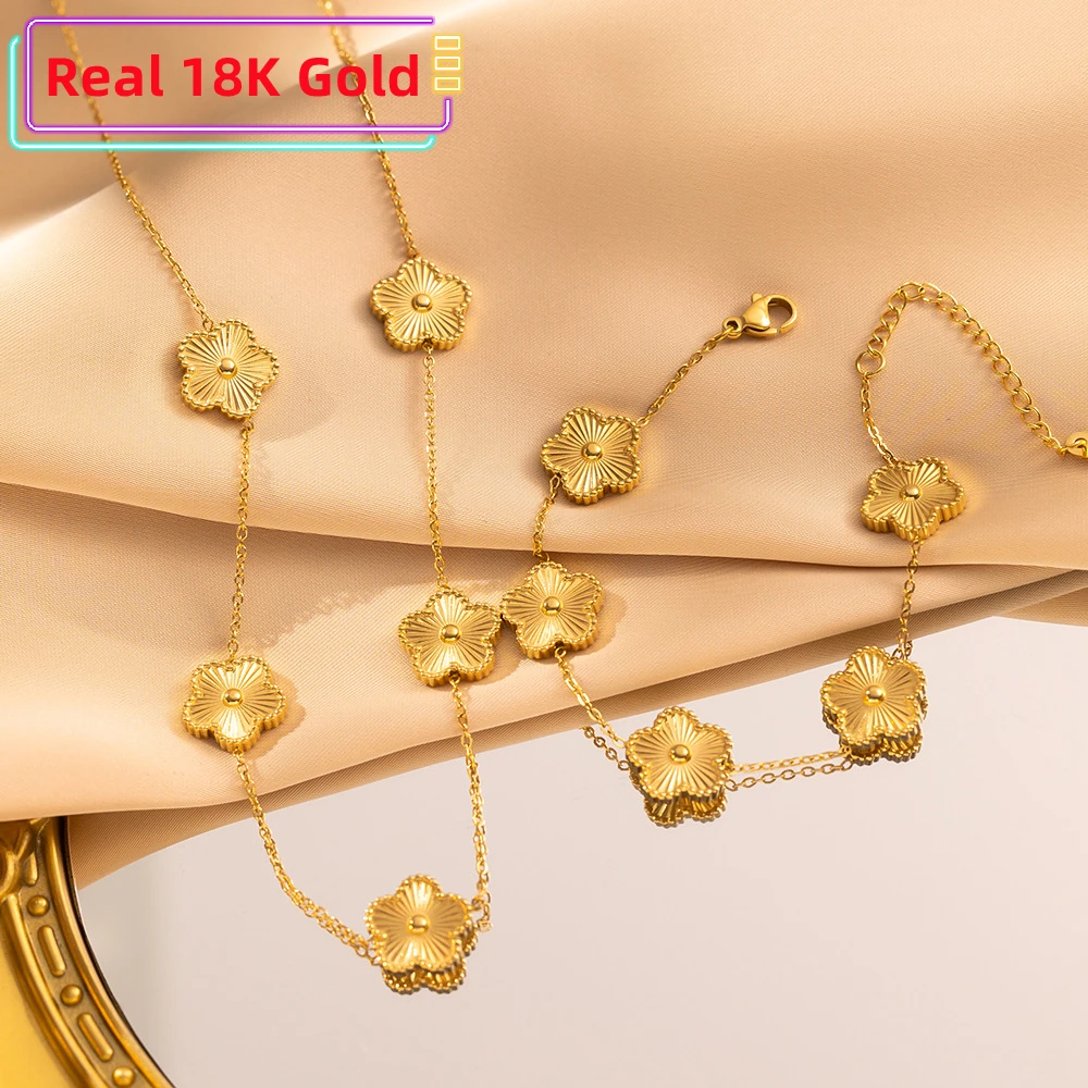 Real 18K Gold 3 pieces of plum blossom plant five leaf Double face necklace, bracelet, earrings, women's jewelry set never fade