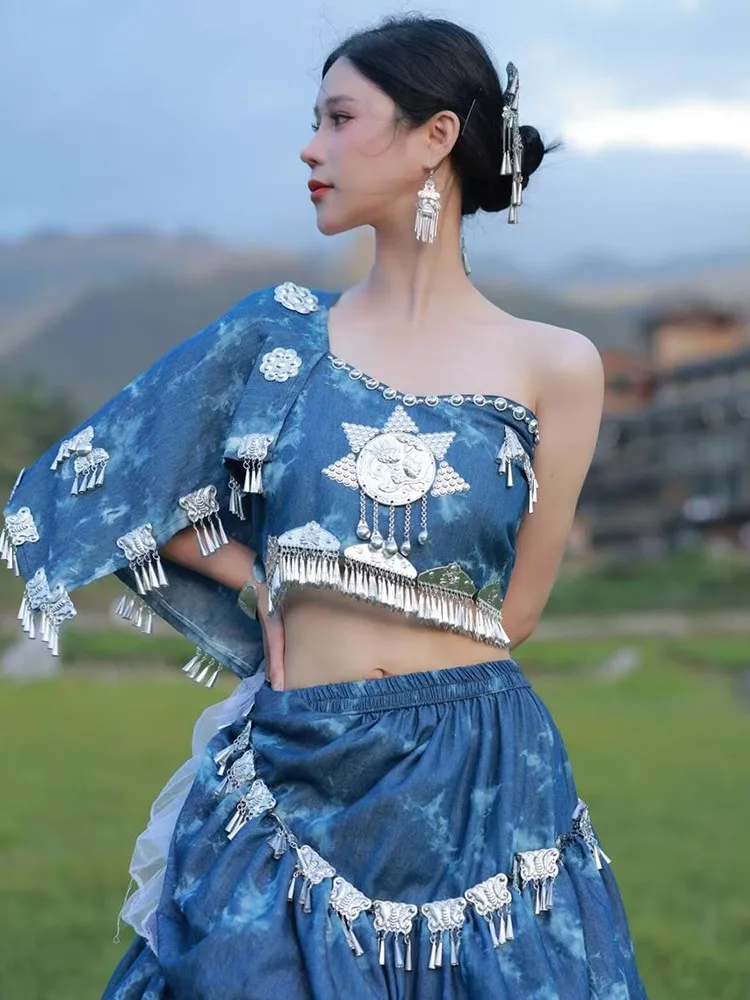 

Ethnic costume women's tie-dyed single-shoulder strapless top long dress style performance travel photography