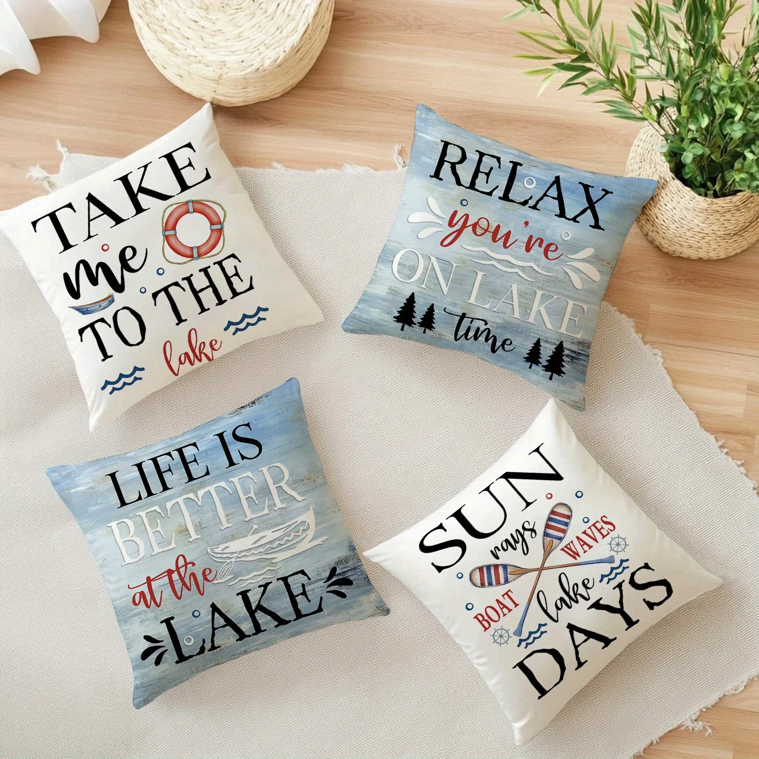 4PCS Lake Life Pillow Case, Relax On Lake Cushion Cover, Boat & Sun Art, Summer Cottage Decor, Soft Sofa Throw Pillow Slipcover