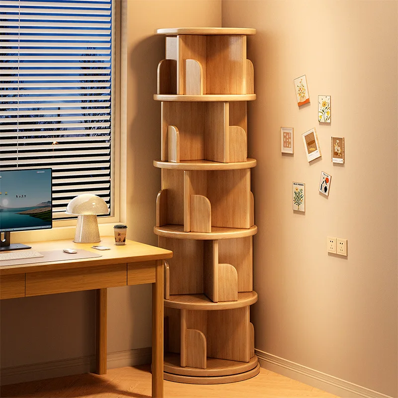 Modern solid wood floor storage rack 360 degree rotation multifunctional 8 layer bookshelf home