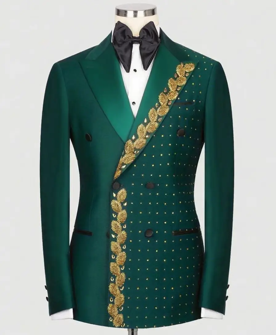 

Crystals Green Men Suit Set 2 Piece Blazer+Black Pant Trousers Customized Formal Office Jacket Groom Wedding Tuxedo Cotton Coat