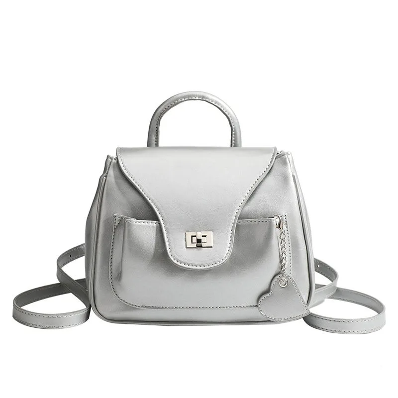 

New Style Silver Oil Wax Leather Shoulders Korea Minority Backpack Wintertime All-match Chain Schoolbag