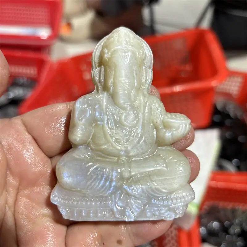 1PCS Natural Moon Stone Ganesha Carving Quartz Crystal Healing Reiki Gemstones Home Decor Carved Ganesha Healing Reiki Gemstone