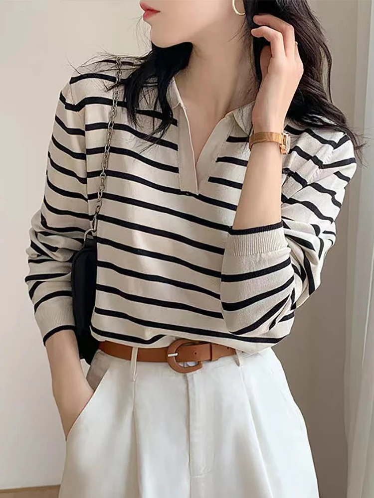 Sweater Women Pullover Striped Knitted Polo Neck Casual Long Sleeve Top Knit Pull Femme Pullovers Autumn Winer Ladies CLothes