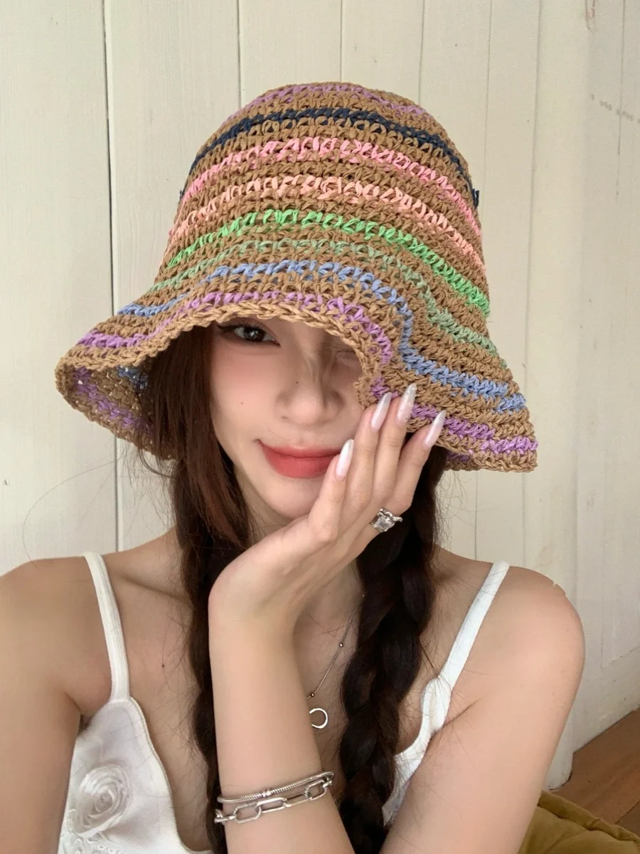

Summer Stripe Woven St Hat Women's Beach Sunade Buet Cap Casual Sle Wide Brim Hat round Top Faionable Accory