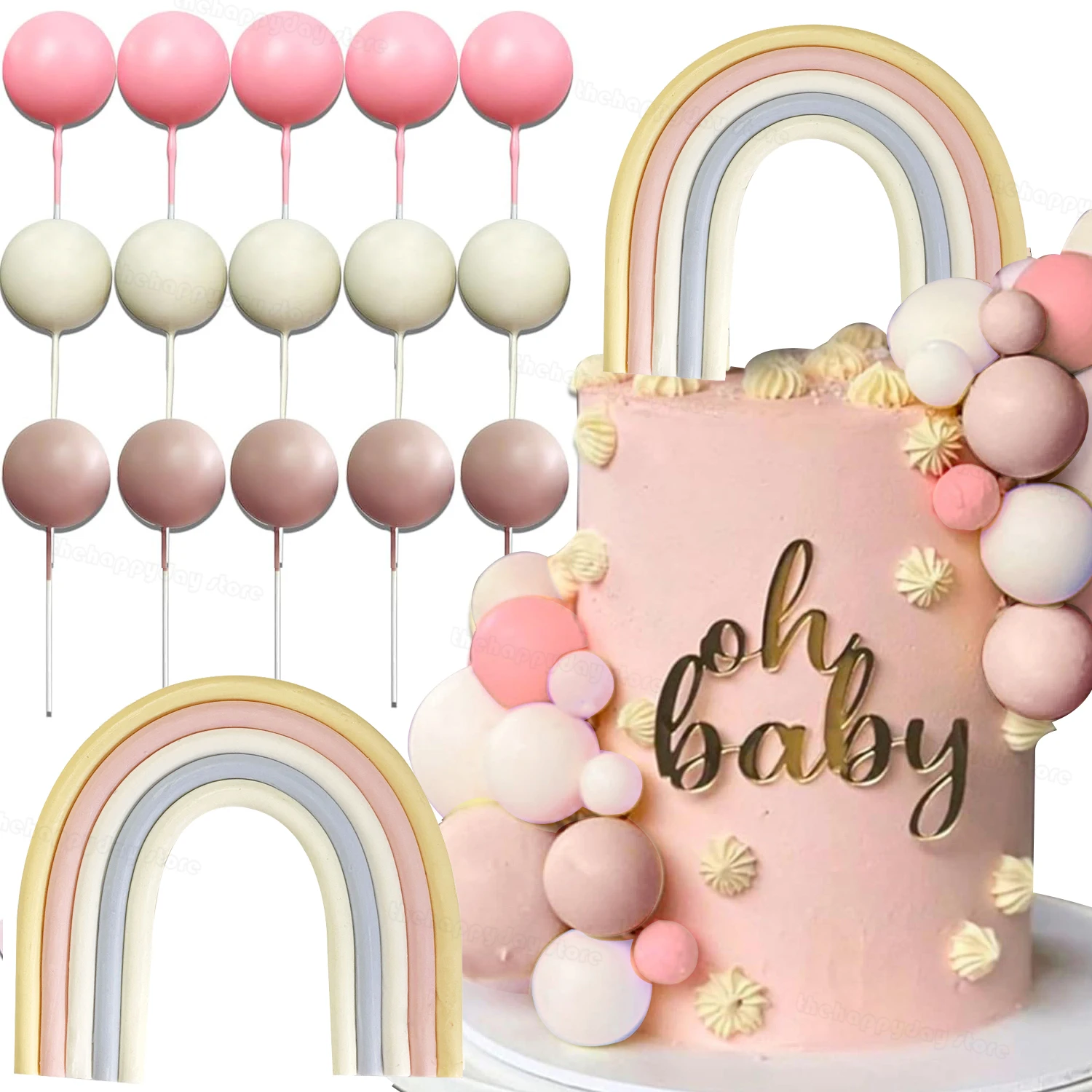 31Pcs Rainbow Cake Toppers Balls Pink Cream Blush Balls Cake Topper for Groovy Boho Birthday Girls Baby Shower Cake Decoration