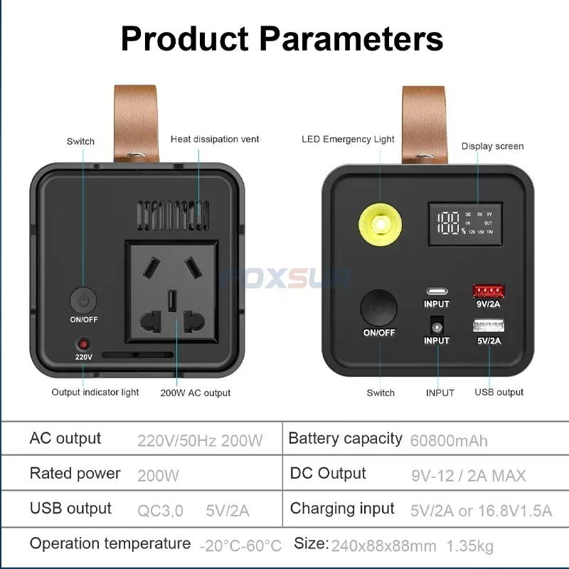 Portable Power Station 220V 60800mah Camping Battery Solar Emergency Generator Power Bank for Self-driving Night Market Stall